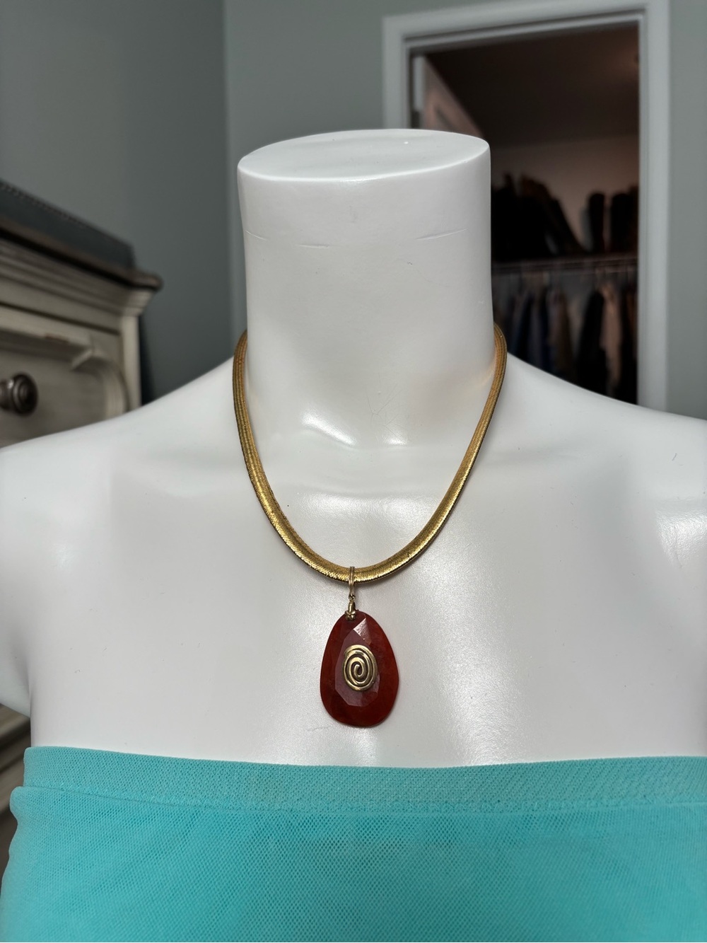 Gold Herringbone Necklace with Rust Red Teardrop Pendant